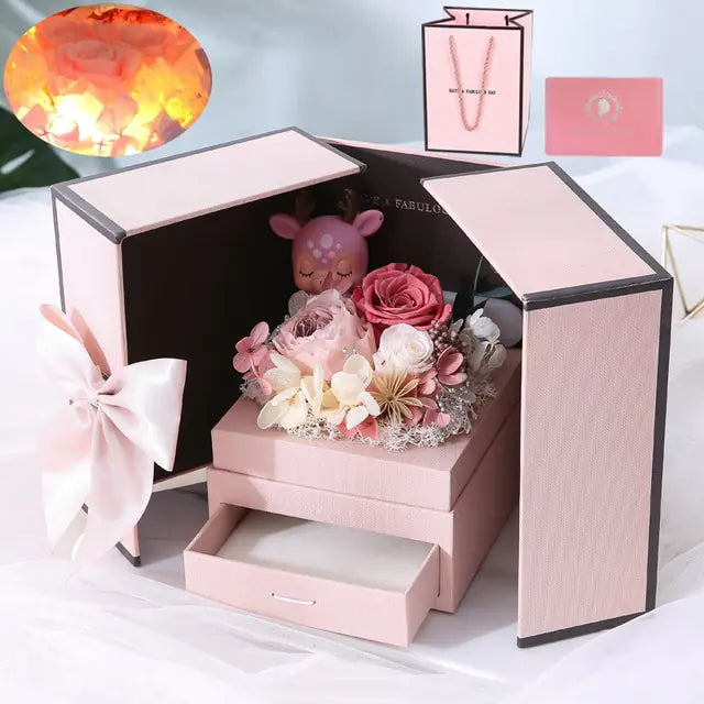 Timeless Rose Flower Gift Box with Bear or Fawn