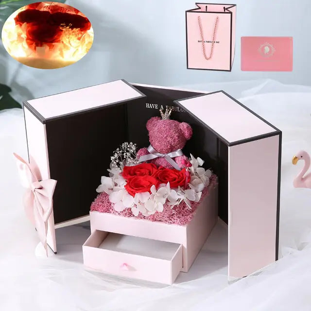 Timeless Rose Flower Gift Box with Bear or Fawn