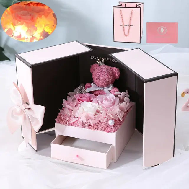 Timeless Rose Flower Gift Box with Bear or Fawn