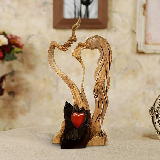 Wooden Heart Sculpture - Eternal Love Couple Kissing Decoration