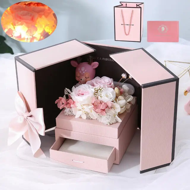 Timeless Rose Flower Gift Box with Bear or Fawn