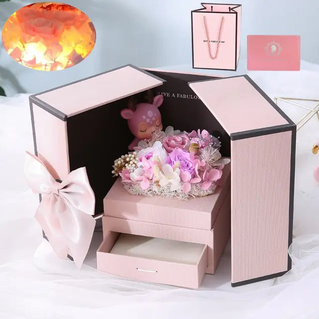 Timeless Rose Flower Gift Box with Bear or Fawn